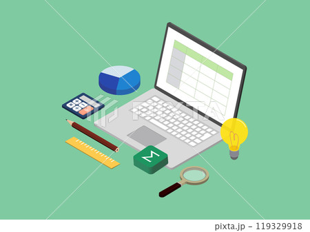 アイソメトリック｜ノートパソコンで表計算ソフトを使って仕事をする・スプレッドシート・エクセル 119329918