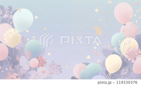 淡いパステルカラーのバルーンと花の柔らかな背景イラスト 119330376