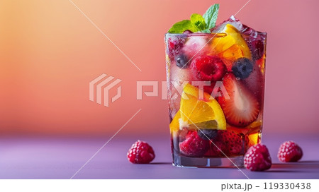 Refreshing summer cocktail with fresh berries and citrus garnishes on a colorful background 119330438