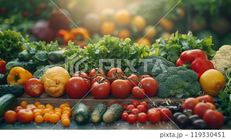 Freshly harvested tomatoes and basil arranged near a sunlit window in a cozy kitchen garden 119330451