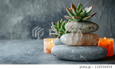 A tranquil arrangement of stones, a succulent, and a glowing candle on a serene surface 119330454