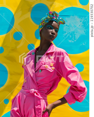 Bold fashion statement with vibrant colors at a tropical beach under sunny skies Bold fashion statement with vibrant colors at a tropical beach under sunny skies 119330702