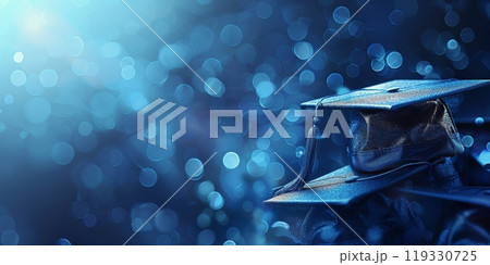Graduation cap held up in the air with sparkling blue background celebrating academic achievement 119330725