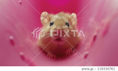 A curious little mouse exploring a vibrant pink tunnel during daylight hours 119330761