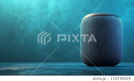 Modern speaker on a reflective surface illuminated by soft blue light in a minimalist setting 119330829
