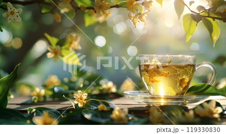 A cup of herbal tea adorned with blossoms in a serene garden setting during daytime 119330830