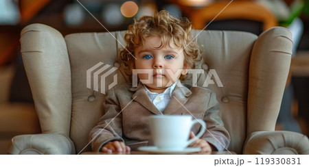 Young child in a stylish suit sitting in an elegant chair with a cup in a cozy cafe 119330831
