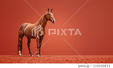 A majestic brown horse stands against a vibrant orange background in a serene landscape 119330833