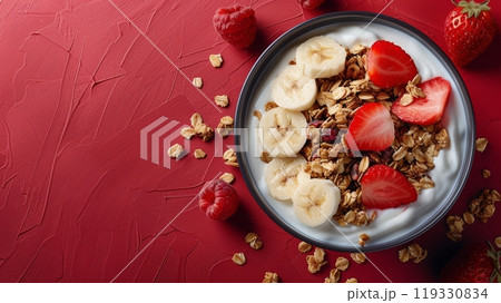 Healthy breakfast bowl with yogurt, banana, raspberries, and granola on a vibrant surface 119330834