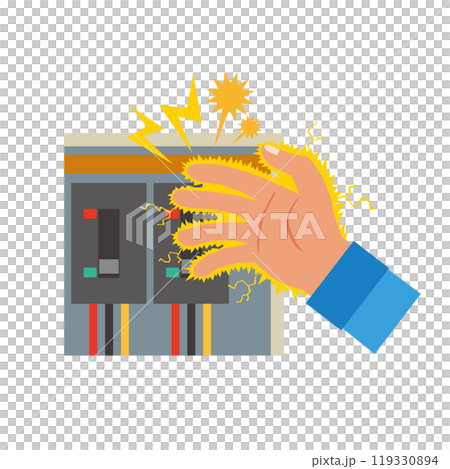 Illustration of a hand getting electrocuted by a switchboard Illustration of a hand getting electrocuted by a switchboard 119330894