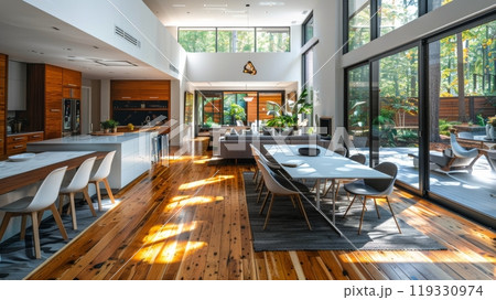 Modern open concept living area with natural light in a stylish home Modern open concept living area with natural light in a stylish home 119330974