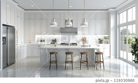 Modern white kitchen with marble countertops and wooden bar stools during daytime Modern white kitchen with marble countertops and wooden bar stools during daytime 119330980