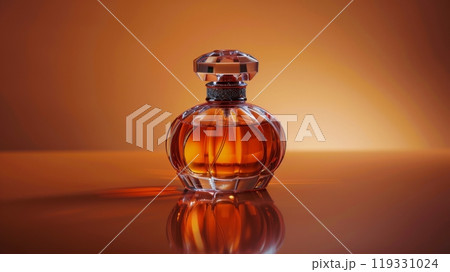 A beautifully crafted glass perfume bottle with an intricate design and vibrant orange liquid 119331024