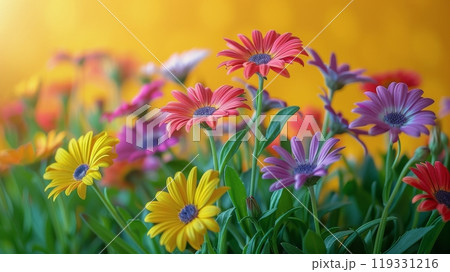 Vibrant flowers bloom in a colorful display against a bright background Vibrant flowers bloom in a colorful display against a bright background 119331216