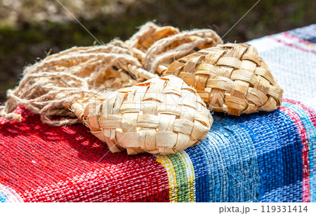 Birchen woven bast shoes traditional Russian footwear Birchen woven bast shoes traditional Russian footwear 119331414