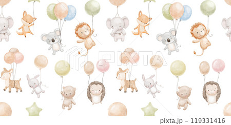Seamless watercolor pattern with cute baby animals with balloons. Hand drawn neutral illustrations on white 119331416