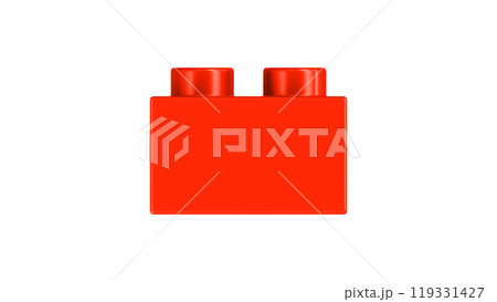 Scarlet Lego Block Isolated on a White Background. Close Up View of a Plastic Children Game Brick for Constructors, Side View. High Quality 3D Render with a Work Path. 8K Ultra HD, 7680x4320, 300 dpi 119331427