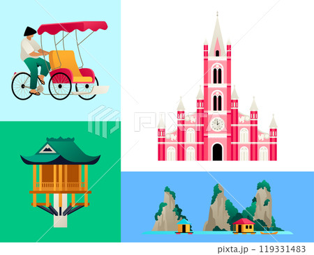 National features and architecture of Vietnam - set of flat design style colorful illustrations 119331483
