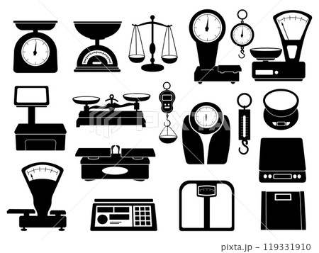Black scales icons. Different measuring scale for kitchen food stores market. Isolated grocery and home equipment for weighing, nowaday vector set 119331910