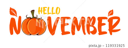 Hello November text with pumpkin isolated on transparent background. Hello November sticker png, label png, banner, poster design template Hello November text with pumpkin isolated on transparent background. Hello November sticker png, label png, banner, poster design template 119331925