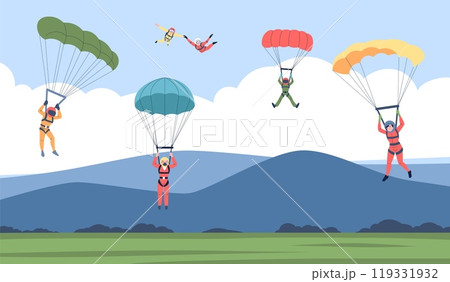 Jump with parachute. Group of skydivers flying with parachutes under valley. Paragliding, extreme sport and activity. People training recent vector scene Jump with parachute. Group of skydivers flying with parachutes under valley. Paragliding, extreme sport and activity. People training recent vector scene 119331932