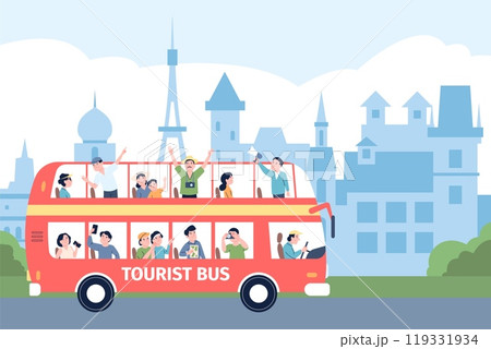 Tourists in seesighting bus tour. City excursion on red bus, travellers looking around on different buildings and sightseeing with speaker, recent vector scene Tourists in seesighting bus tour. City excursion on red bus, travellers looking around on different buildings and sightseeing with speaker, recent vector scene 119331934