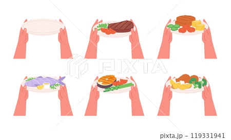 Hands holding plates. Empty white plate and meals. Dinner or lunch time, fish meat chicken legs with potatoes salmon grilled. Waiter hand vector set 119331941