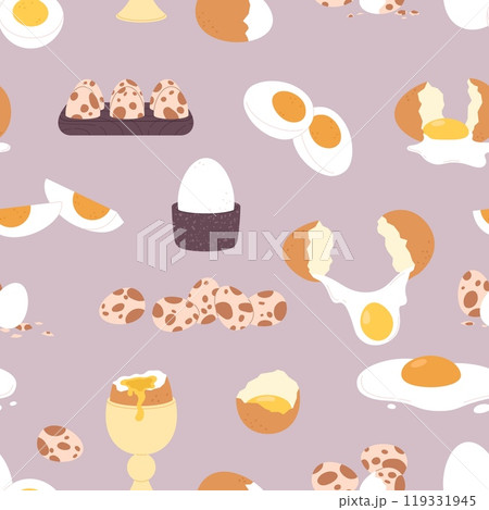 Eggs seamless pattern. Fresh egg from chicken and quail. Vitamin protein super food, cooking and baking popular ingredient, vector background Eggs seamless pattern. Fresh egg from chicken and quail. Vitamin protein super food, cooking and baking popular ingredient, vector background 119331945