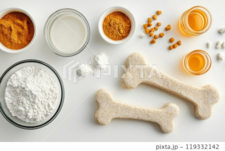 flat lay of homemade dog treat ingredients including flour, spices, and bone shaped biscuits. Pet care and natural nutrition concept with copy space 119332142
