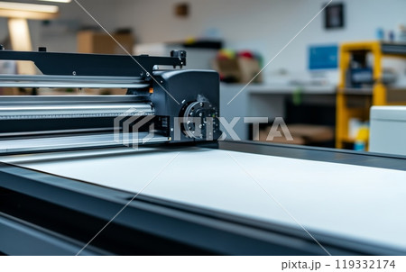 Close up view of a large format printer with white paper loaded, ready for printing in a modern, well equipped print shop 119332174