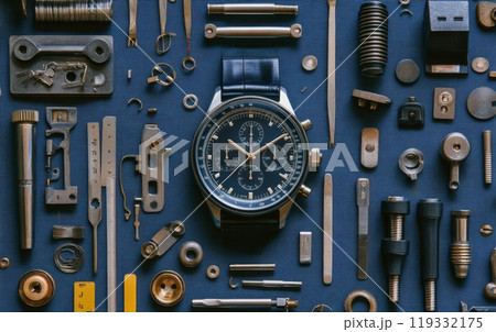Luxury chronograph watch surrounded by various watchmaking tools and parts on dark blue background, showcasing precision craftsmanship 119332175