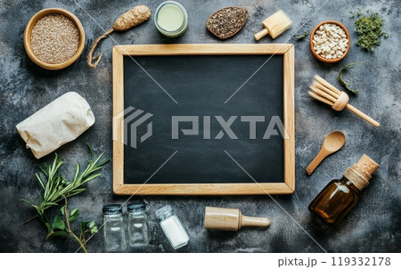 Assorted organic grains, herbs, and kitchen utensils surround a blank chalkboard, ideal for showcasing recipes or healthy eating concepts 119332178