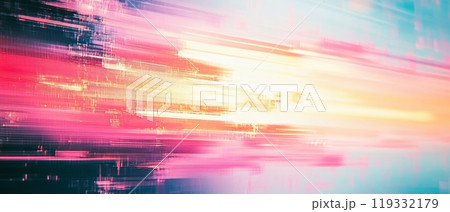 Abstract digital glitch effect with vibrant pink and cyan hues, creating a futuristic and dynamic visual composition 119332179