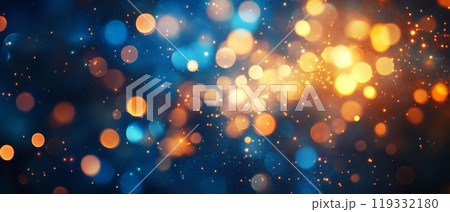 Enchanting bokeh light effect with golden and blue orbs against a dark background, creating a dreamy and festive atmosphere 119332180