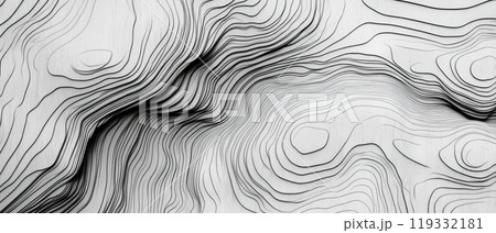 Black and white abstract pattern of topographic contour lines creating a dynamic 3D effect with undulating curves and layers 119332181