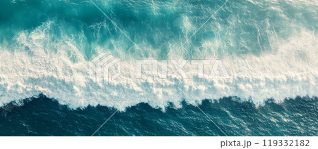 Stunning aerial perspective of turquoise ocean waves crashing with white foam, showcasing the power and beauty of nature 119332182