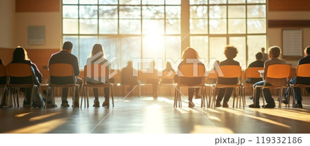 Silhouettes of people sitting in chairs during a group therapy or support meeting, backlit by warm sunlight streaming through large windows 119332186