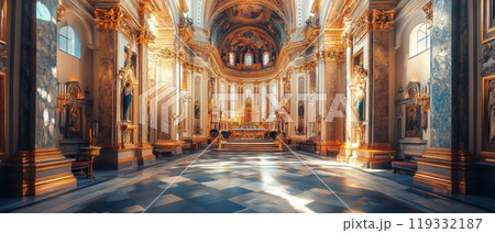 Stunning interior of a baroque cathedral with ornate gold decorations, marble columns, frescoed ceiling, and checkerboard floor, bathed in warm sunlight 119332187
