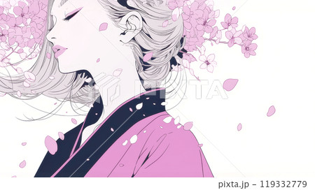 A woman in a kimono and cherry blossoms dancing - Stock A woman in a kimono and cherry blossoms dancing - Stock