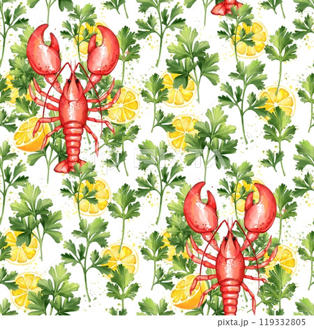 Seamless pattern of lemons, red lobster, parsley and cilantro. Food illustration, white background 119332805
