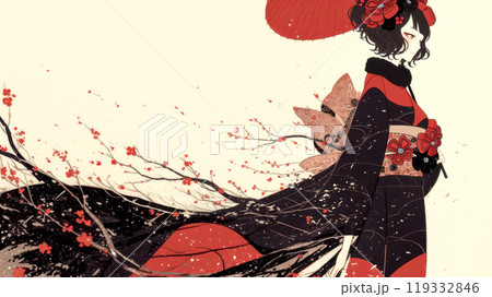 梅の花と着物を着た女性 119332846