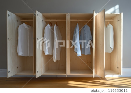Minimalist wooden wardrobe with hanging shirts in sunlit room 119333011