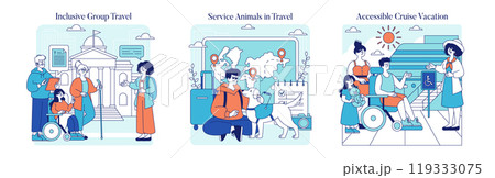 Disabled Travel set. Illustration of inclusive tourism, service animals, and accessible cruise vacations. Emphasizes barrier-free experiences for all. Vector illustration. 119333075