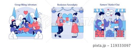 Offline Dating set. Encounters in nature, bookstores, and markets. Romance blooms in casual settings. Organic connections outside digital realms. Vector illustration. 119333097