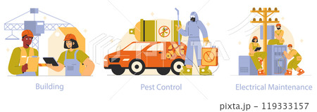 Working Professions set. Illustrations of construction workers, pest control specialist, and electricians showcasing diverse jobs. Professional teamwork and service activities. Vector illustration. 119333157