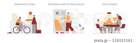 Daily Life Set. From morning bike commute to family welcome and dinner time. Urban routine and home warmth in simple living. Vector illustration. Daily Life Set. From morning bike commute to family welcome and dinner time. Urban routine and home warmth in simple living. Vector illustration. 119333161