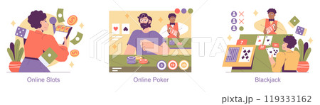 Igaming set. Engaging in online slots, poker, and blackjack from home. Colorful illustration of players and digital games. Vector illustration. Igaming set. Engaging in online slots, poker, and blackjack from home. Colorful illustration of players and digital games. Vector illustration. 119333162