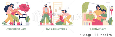 Elder care set. Assisting with mobility, encouraging fitness, and providing comfort in a nursing home. Compassionate support for the elderly. Vector illustration. 119333170