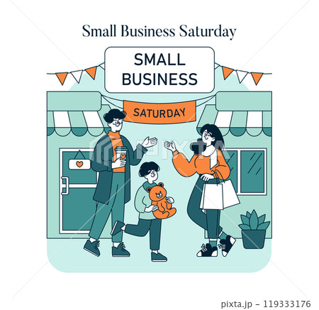 Small Business Saturday concept. Shoppers support local stores on a community-focused day. Festive mood and family-friendly atmosphere. Vector illustration. 119333176