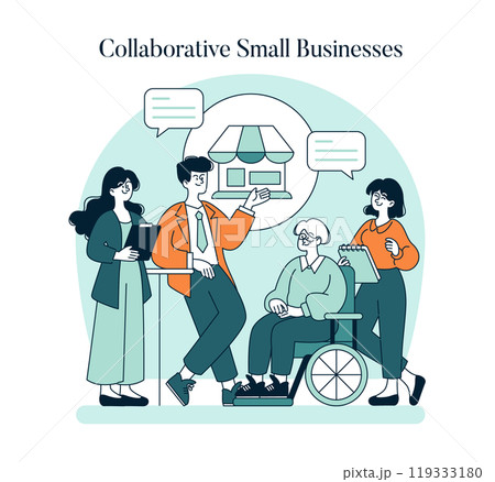 Collaborative Small Business Saturday concept. Local entrepreneurs discuss strategies with inclusivity and community support. Shop local initiative promotion. Vector illustration. 119333180